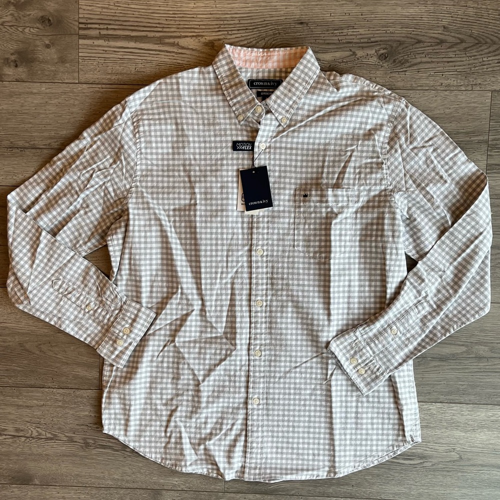 Crown & Ivy Men’s Gingham Plaid Button Down Long Sleeve Dress Shirt NWT Large